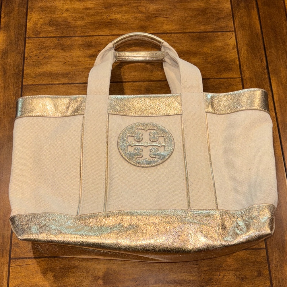 Tory Burch Cream and Gold Tote Bag